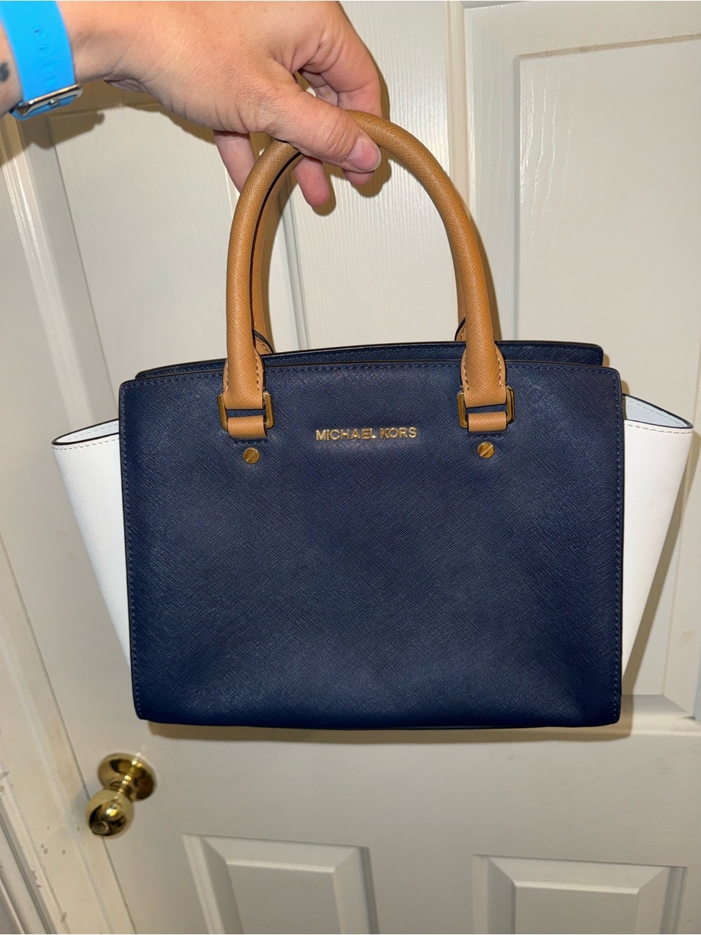 Michael Kors Navy, White & Tan Leather Satchel with Gold Logo